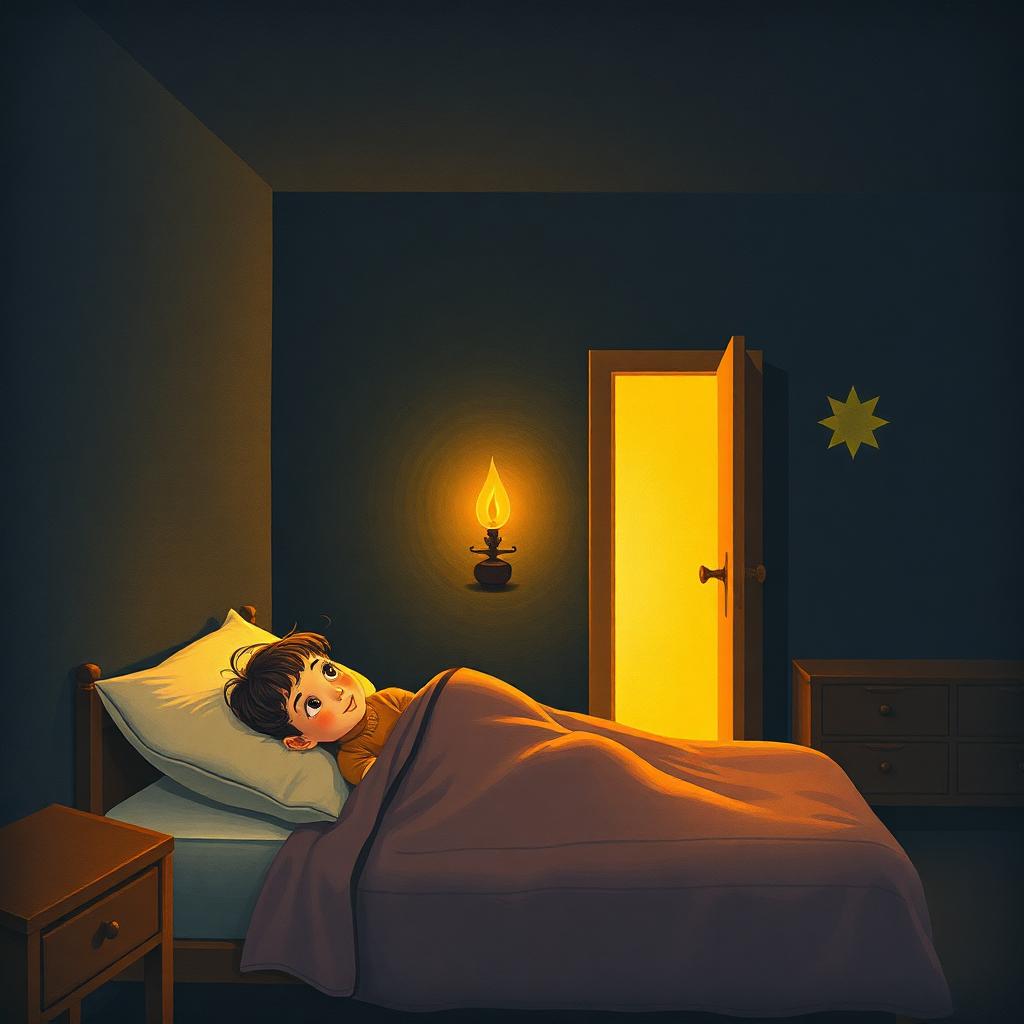 A dark bedroom at night, a girl lying awake with blanket to her chin, and a door ajar at the end of the hallway spilling warm golden light