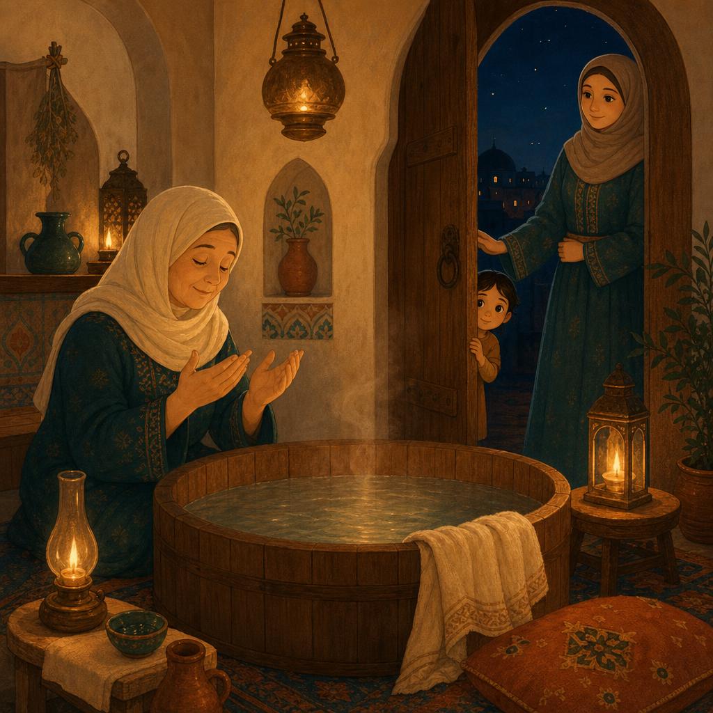 A dim room lit by small warm oil lamps, arched walls like a masjid at night, a round wooden birth pool of steaming water, a grandmother with hands raised, a midwife, and a girl peeking around the door