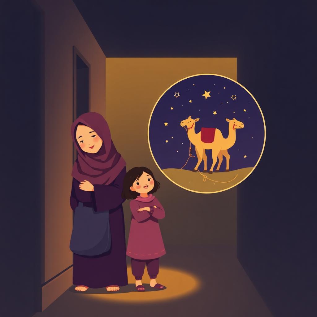 A hallway at night, a grandmother in a plum hijab with her arm around a young girl, beside them a soft round vignette bubble showing a friendly camel tied by a golden rope to a wooden post