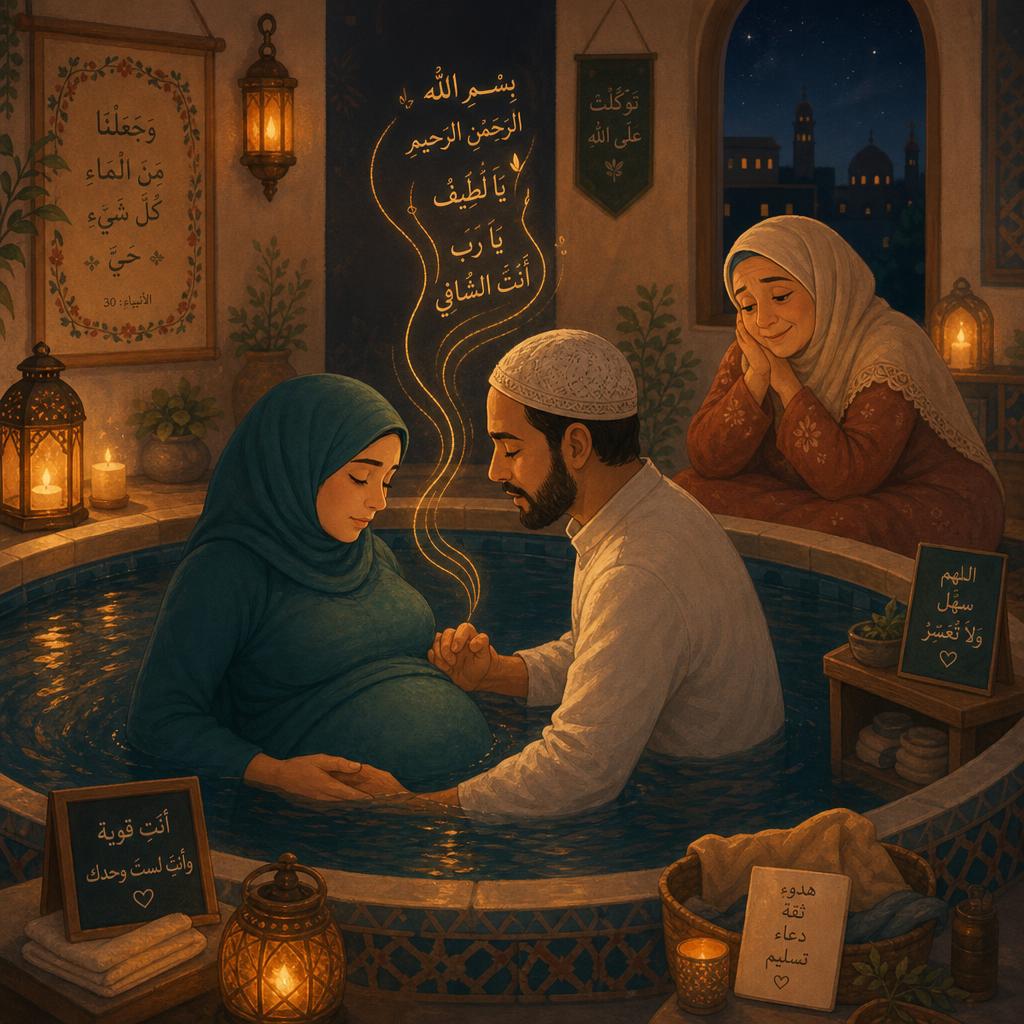 A dim lamplit room, a mother in teal hijab in a warm birth pool breathing calmly, her husband in white cap kneeling in the water holding her and praying with golden sound-waves rising, a grandmother watching from the edge