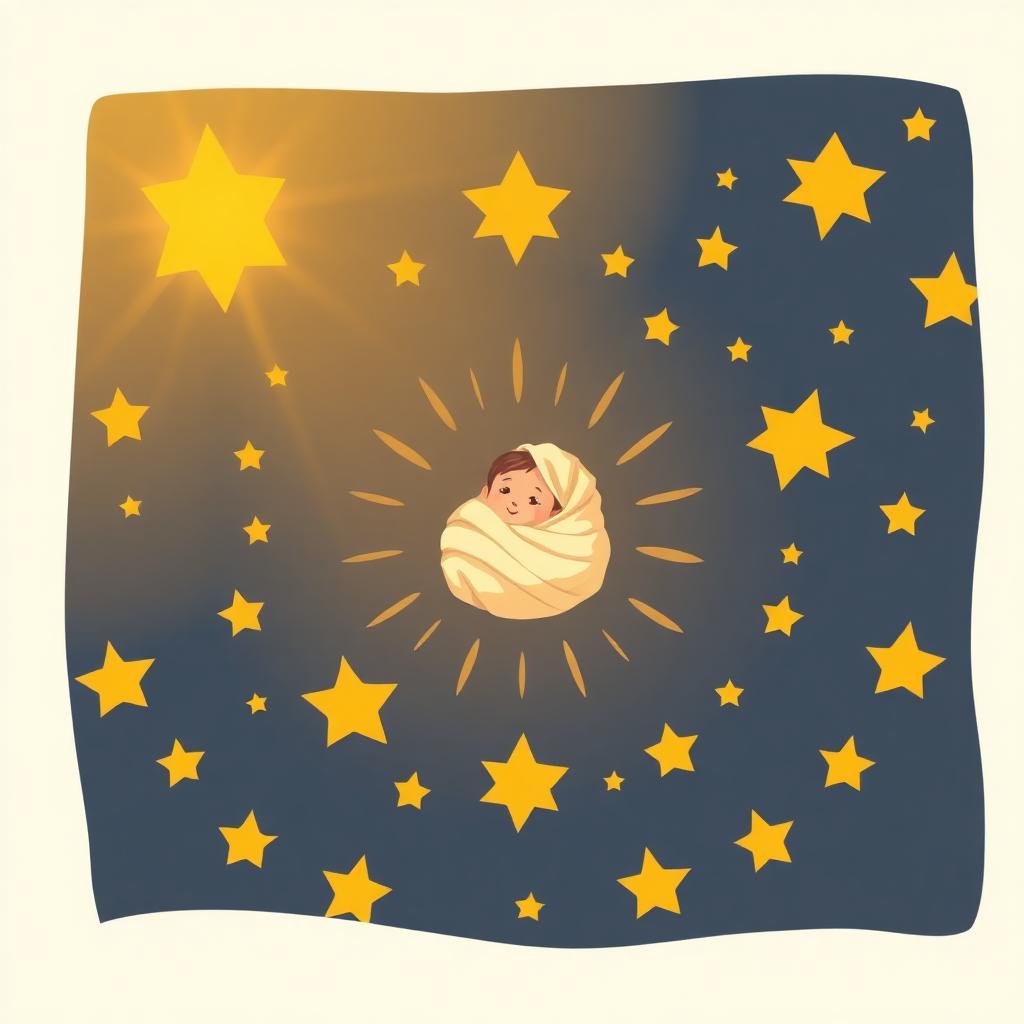 A burst of golden light filling the frame with rays radiating outward, a tiny swaddled newborn at the center, and golden eight-pointed stars bursting out in every direction