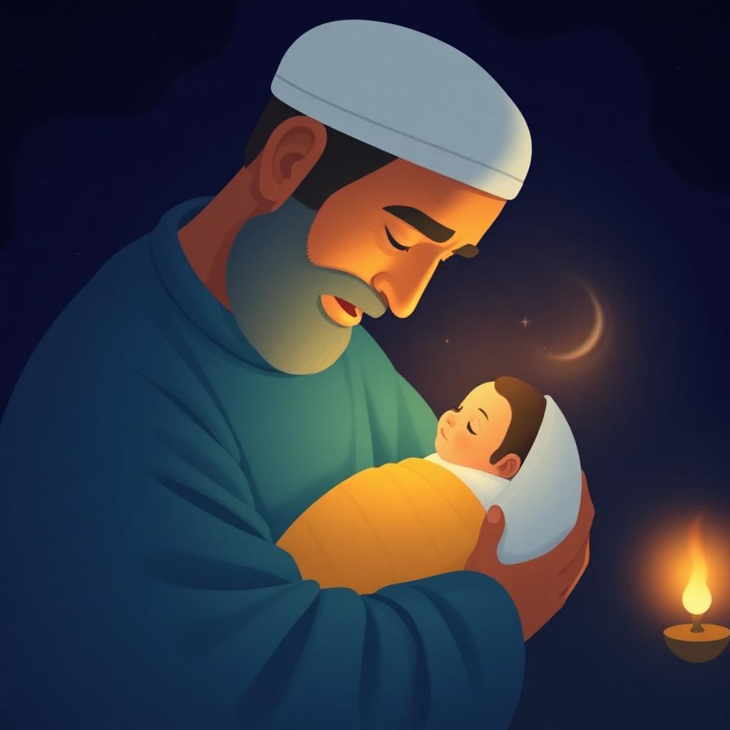 Close up at night, a father with white cap and beard leaning down calling softly into the ear of a tiny swaddled newborn, with gold sound-waves travelling from his mouth into her ear