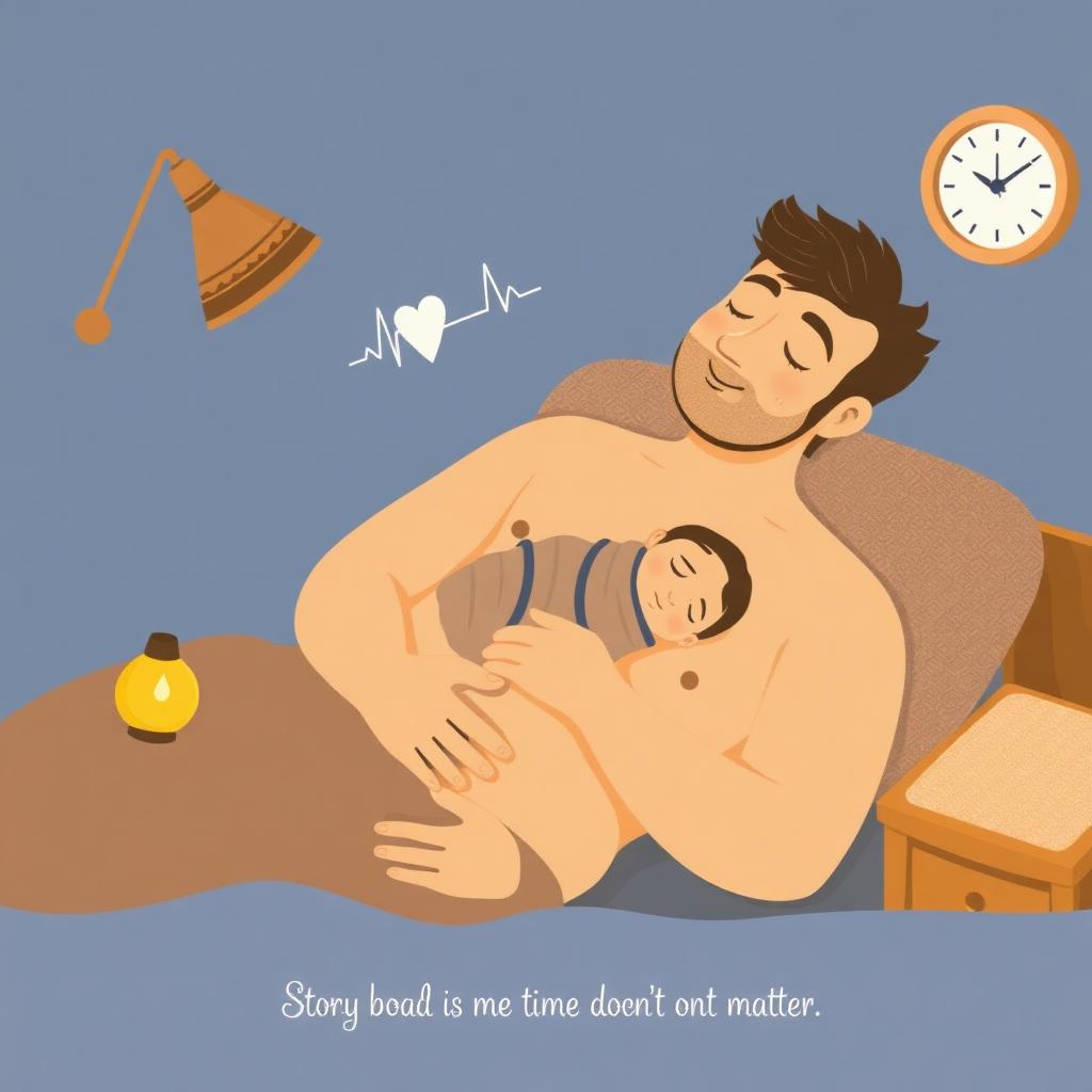A father reclining with a tiny swaddled newborn asleep on his bare chest, a heartbeat pulse line drawn in the air between them, a small oil lamp, and a clock in the corner with a line drawn through it