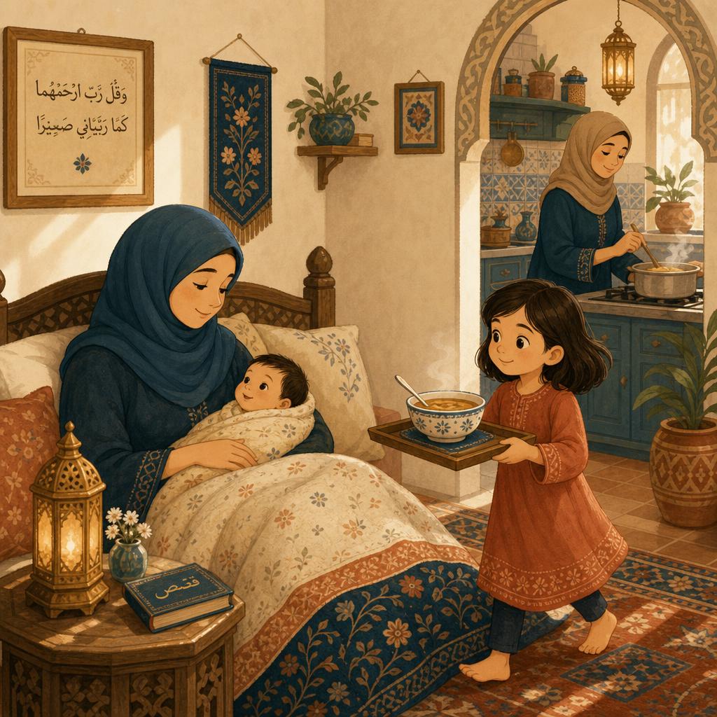 A warm daytime room, a mother resting on a low bed with her baby, an auntie cooking in the background, and a young girl carefully carrying a tray with a steaming bowl of soup to her mother