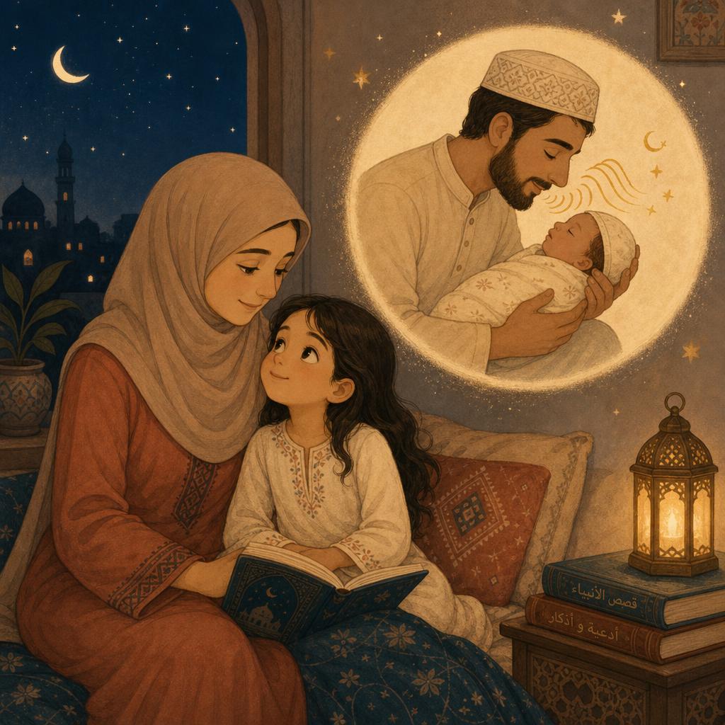 A night scene, a mother and daughter sitting together, and beside them a soft round memory bubble showing a father years earlier whispering into a newborn's ear with gold sound-waves