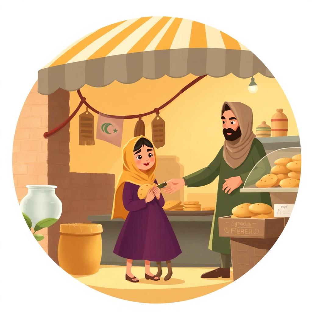 A sunlit Syrian market: a striped awning, a shopkeeper handing warm flatbread to a small girl in a plum dress and gold scarf