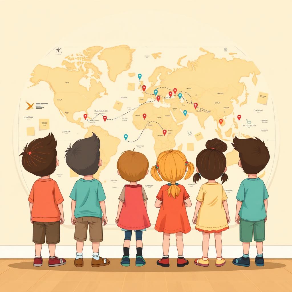 Six children standing in front of a huge wall map covered in a dotted route, pins and sticky notes — planning a trip