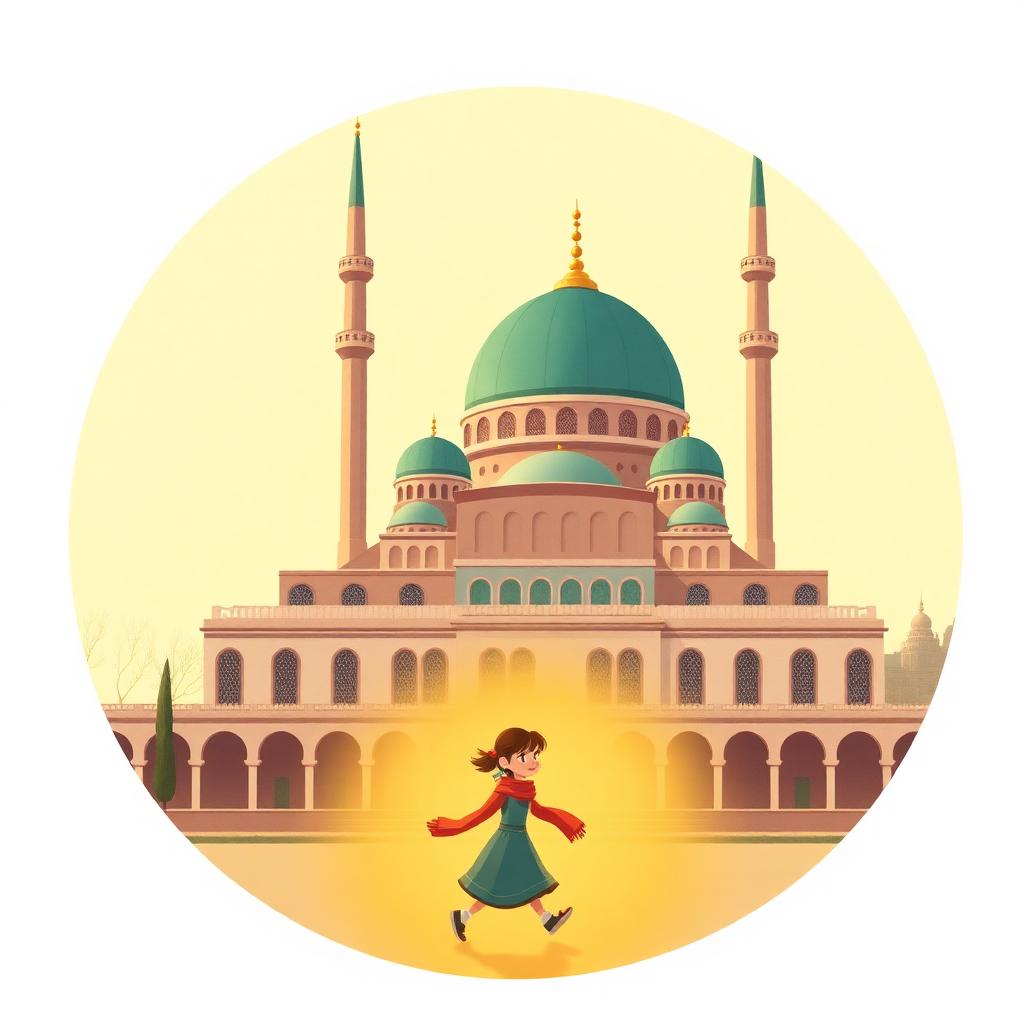 A grand mosque with a teal dome and two minarets under a golden sky, a small girl walking past with her chin up and a warm glow around her