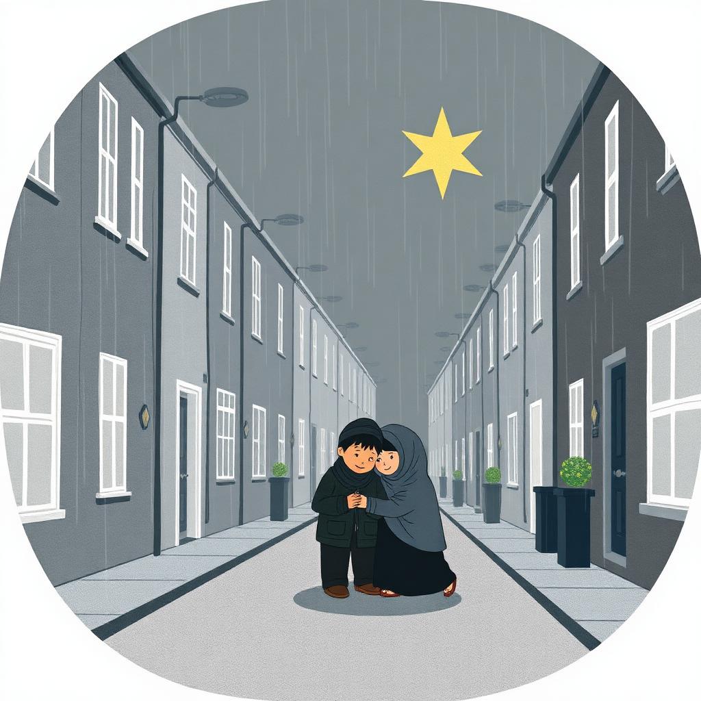 A grey rainy British street of terraced houses, a family huddled close together looking cautious, one gold star glowing above them