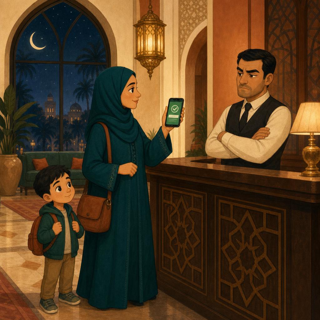 A hotel lobby: a man behind a desk with arms folded and a grey cross beside him, and a mother holding up a glowing phone with a green tick