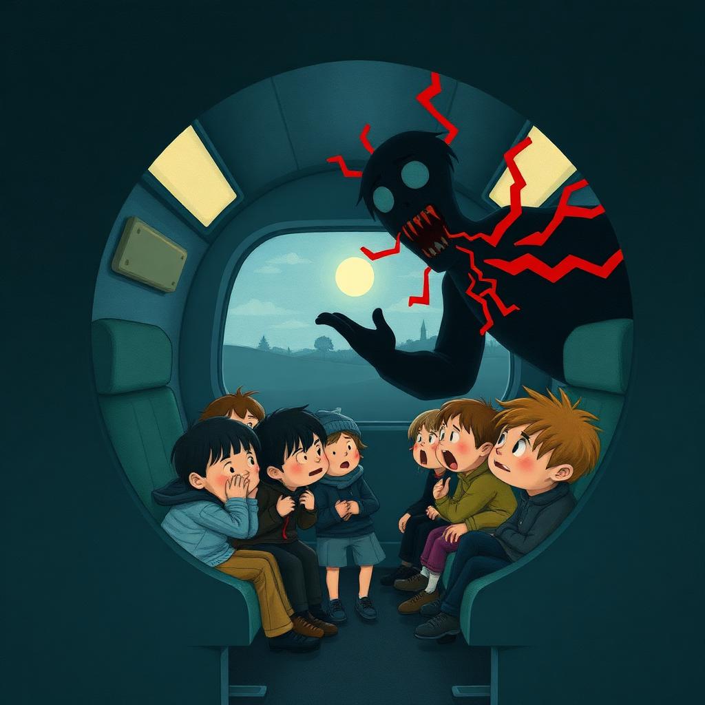 Inside a train carriage at grey dawn: six frightened children pressed together on one side, and a dark looming figure of a shouting man with red jagged shapes coming from him