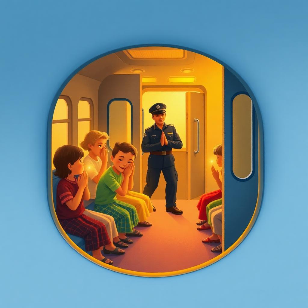 The same carriage: the children now glowing gold as they whisper adhkar, and a policeman in a dark blue uniform stepping in through the open doors