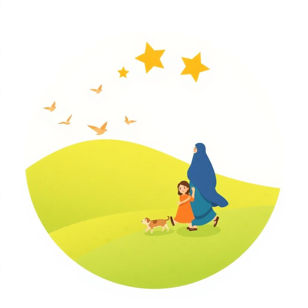 A bright green hillside with birds flying, the whole family walking home together with three gold stars above them