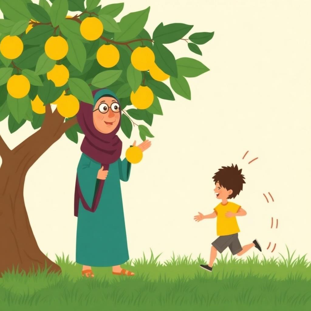 A calm grandmother in teal with plum hijab standing by a lemon tree holding a lemon, and a small boy in yellow arriving exhausted