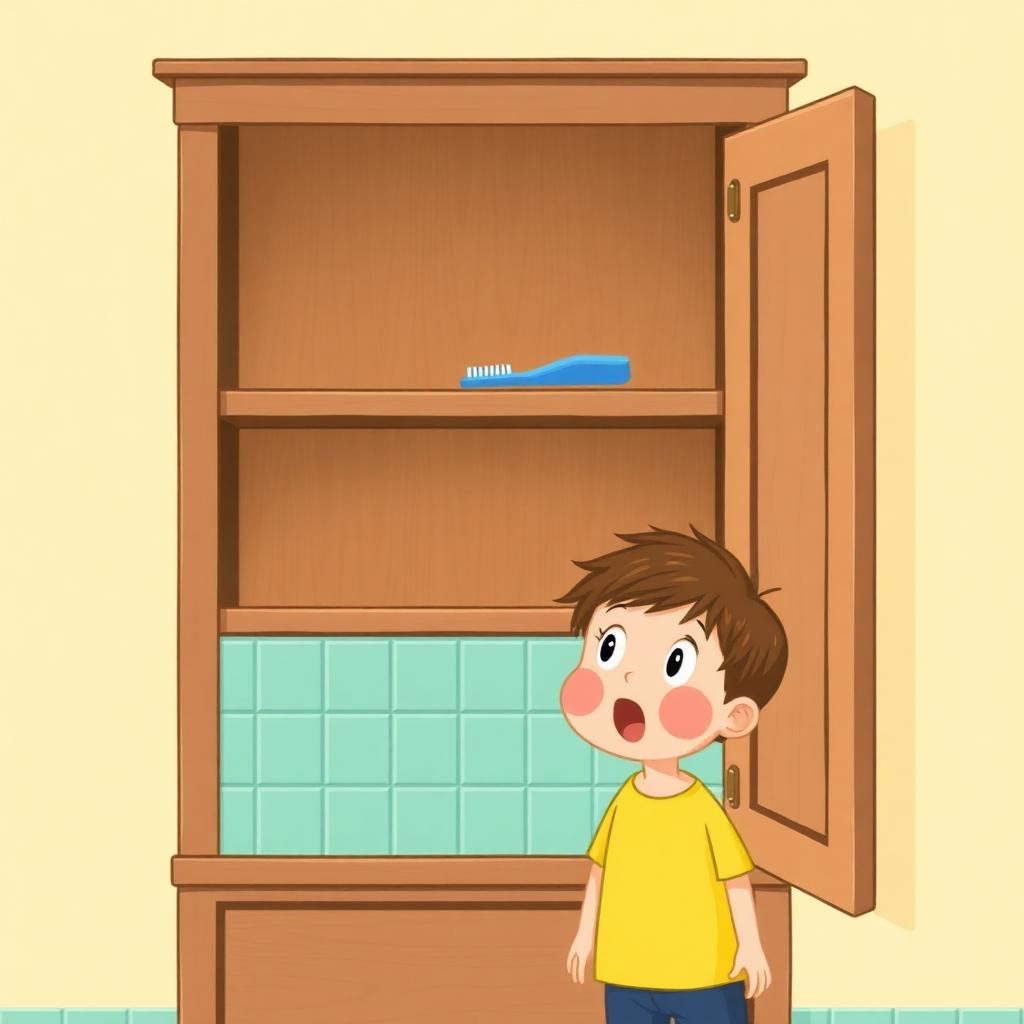 An open bathroom cabinet, completely empty except one lonely toothbrush, a small boy staring open-mouthed