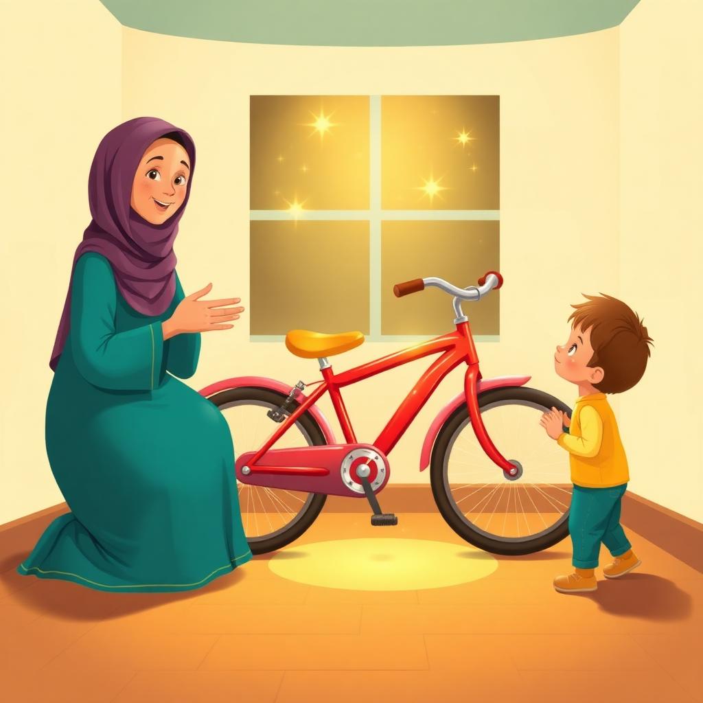 A gleaming red bicycle glowing gold in the middle of a warm room, grandmother and small boy on either side
