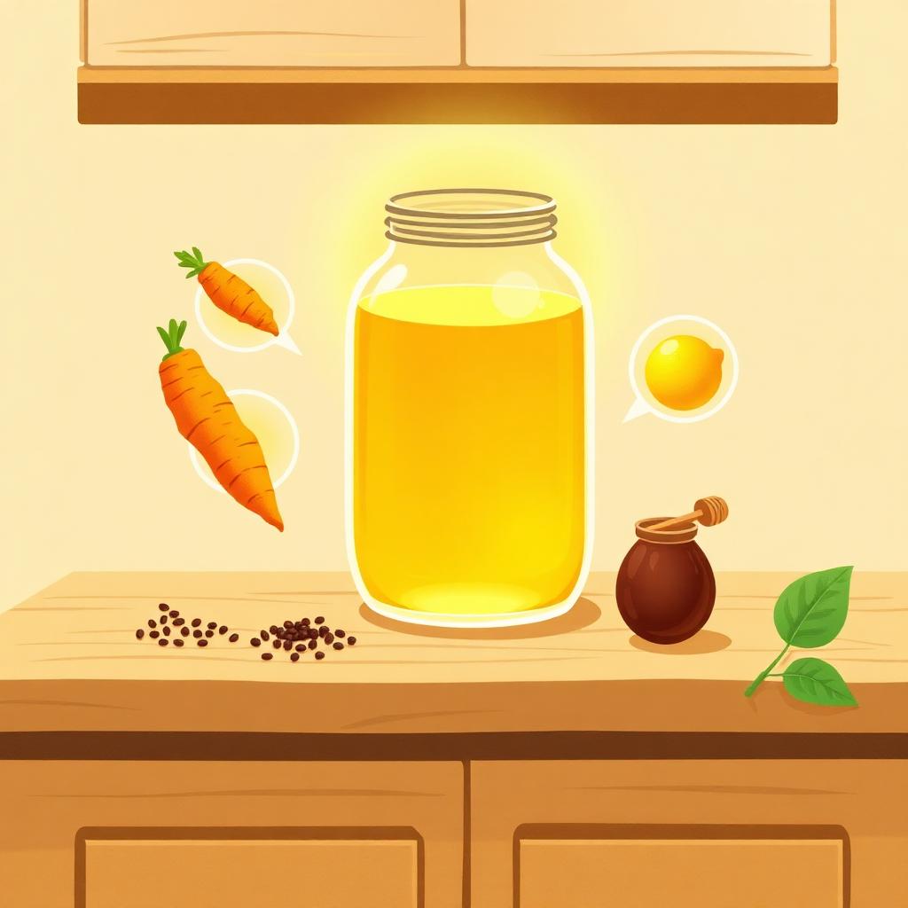 A kitchen counter with a big glowing jar of golden liquid surrounded by floating ingredients each with a soft gold halo