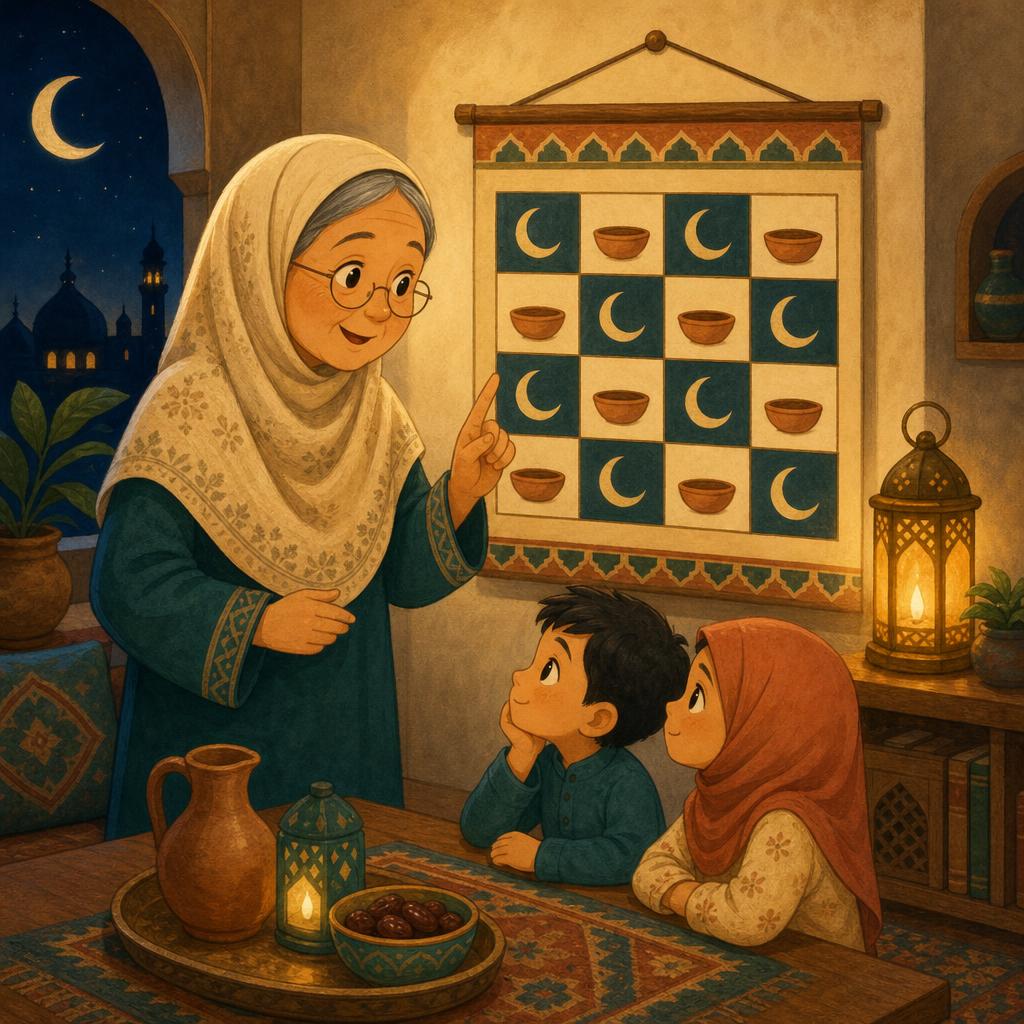 A calendar of alternating gold squares with crescents and cream squares with food, a grandmother standing beside it