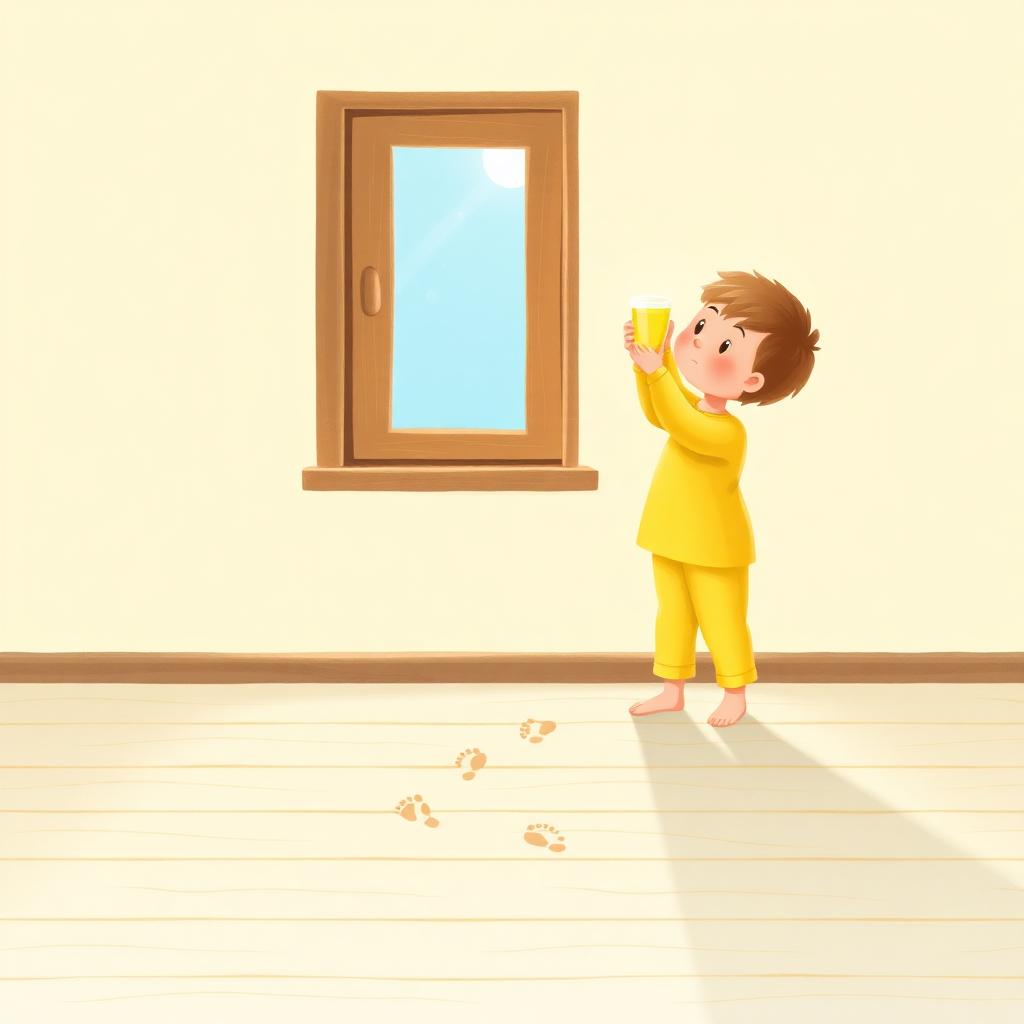 A boy at a sunny window holding up a glass of water with a gold glow, footprints trailing on the floor