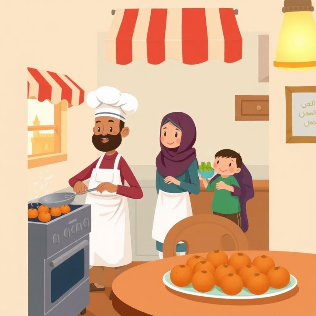 Inside a warm little falafel restaurant with a striped awning, a father in a white cap frying, a mother in plum hijab at the counter, and a small boy carrying pickles