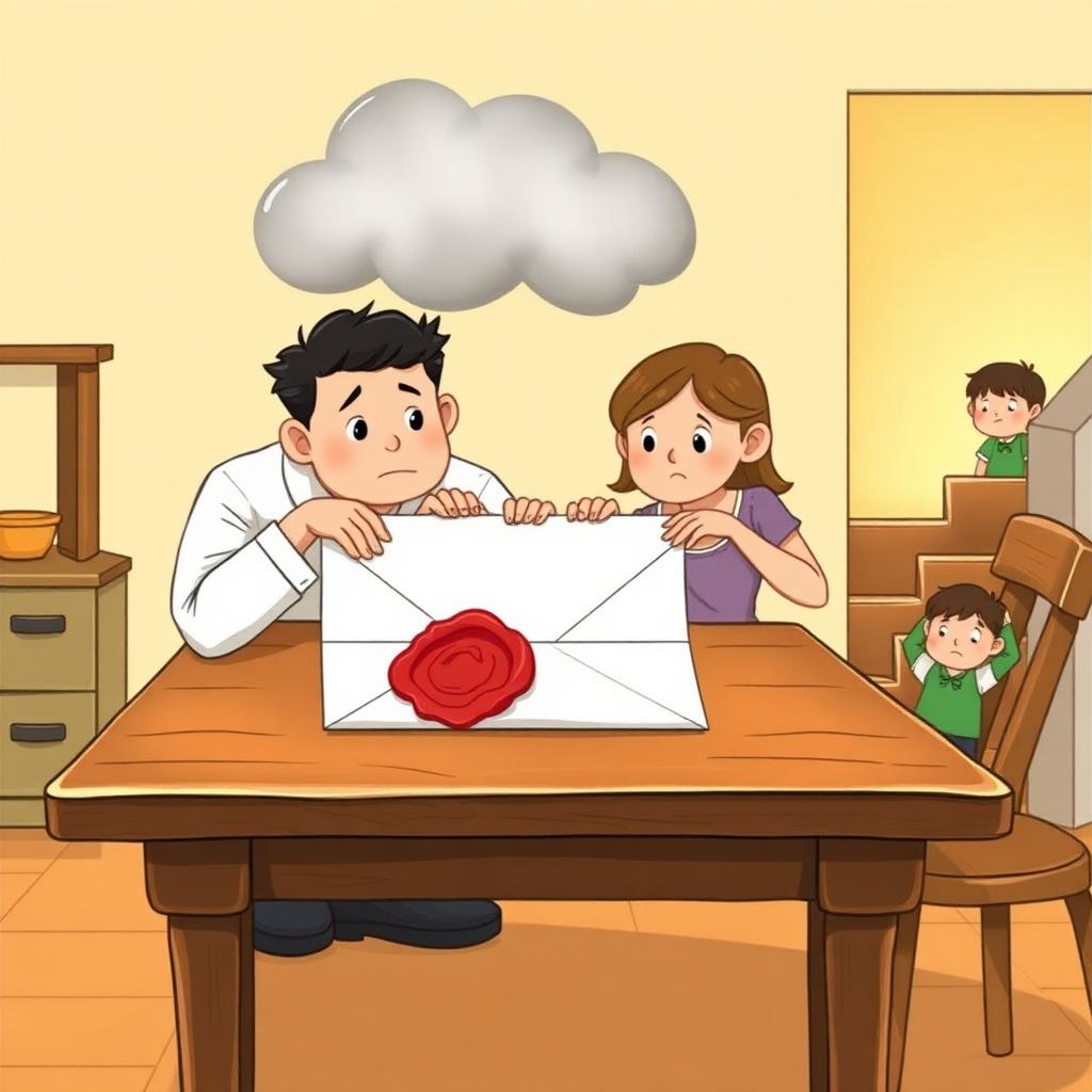 A wooden table with a large white letter with a red seal, parents leaning over it worried, a grey cloud above, and a small boy watching from the stairs