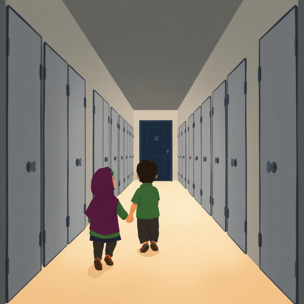 A corridor of closed grey doors each marked with a small X, with one dark door at the end unmarked; a small boy and his mother walking down the corridor