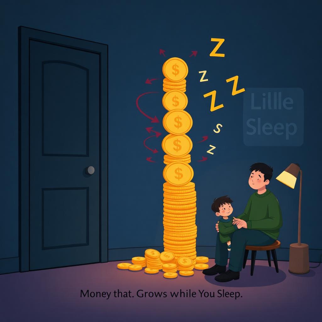 A dark room at night with a tall dark door, a growing stack of gold coins beside it with red arcs and little sleep marks; a father explaining to a small boy