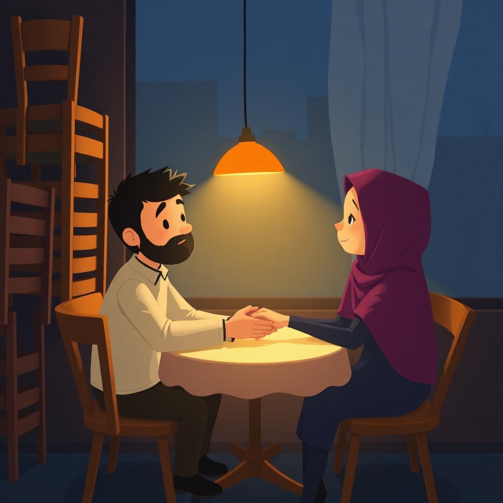 A dim restaurant at night lit by one lamp over a small round table, a father and mother sitting either side with their hands meeting in a warm gold glow