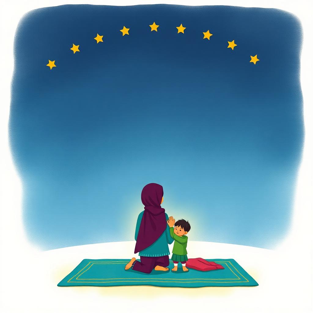 A night sky with ten small gold stars in a row, and a family on a prayer rug with their hands raised in du'a, glowing gold