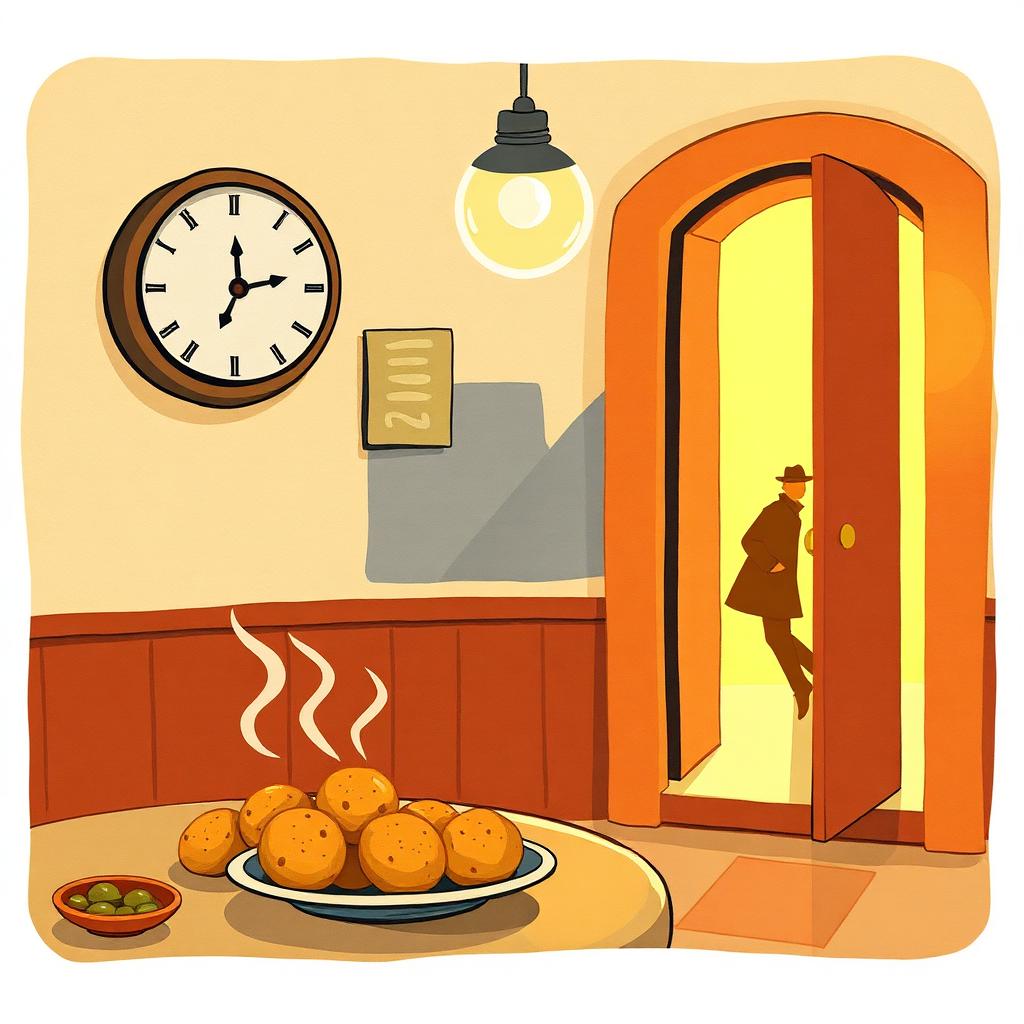 A warm restaurant interior with a clock on the wall showing the last half hour, a plate of steaming falafel, and a doorway full of golden light with a stranger stepping in