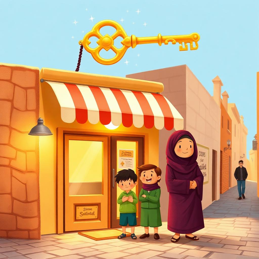 The little falafel shop in warm daylight, glowing, with a golden key floating above the door, the family standing outside, and the stranger walking away down the street