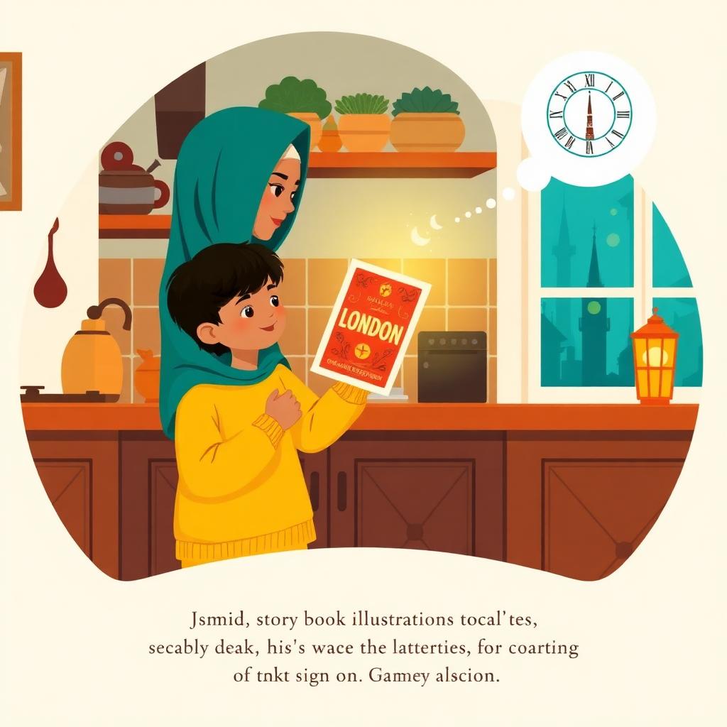 A warm kitchen: a mother in a teal hijab at the counter, and a teenage boy in yellow holding a glowing flyer, with a small thought bubble showing a London clock tower