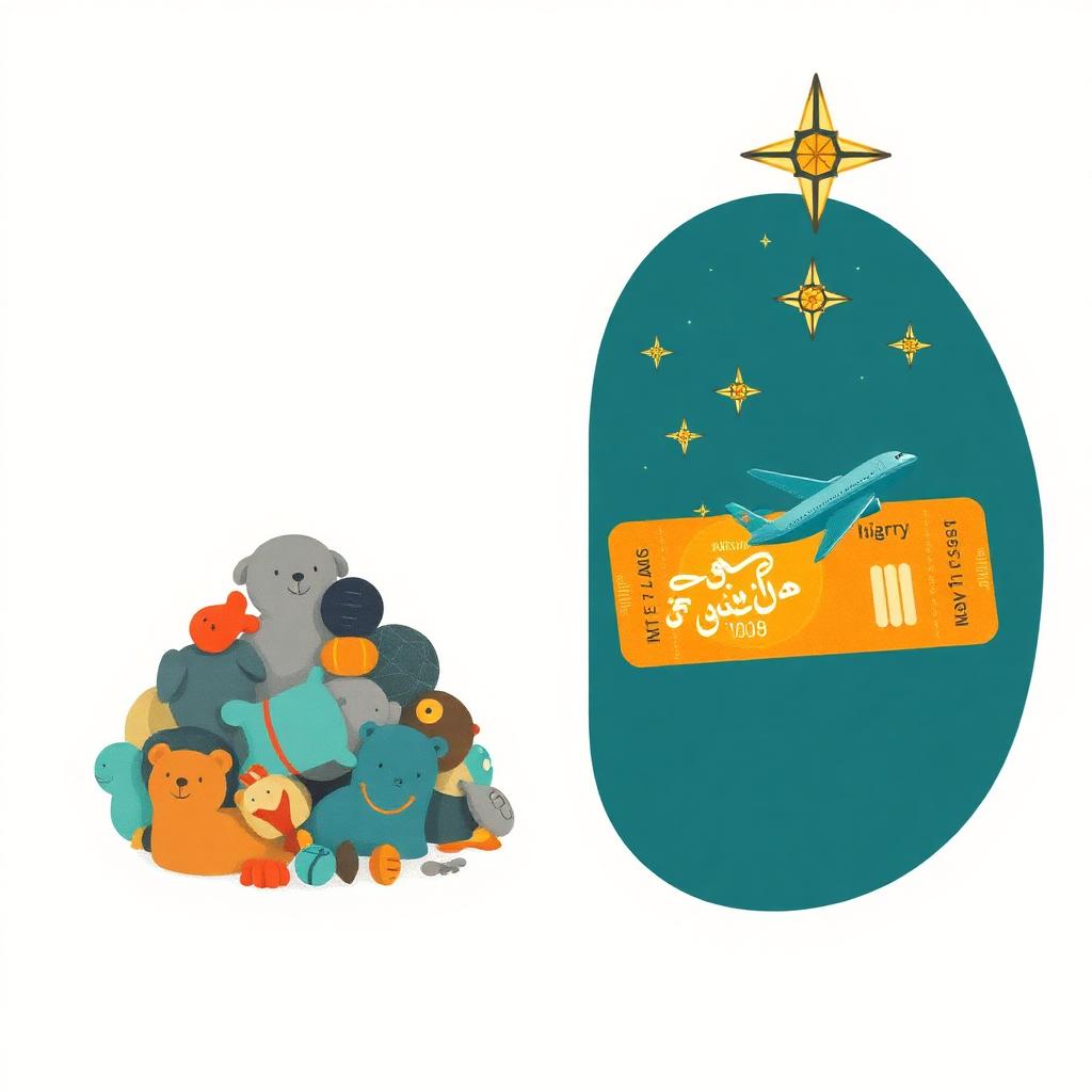 On the left a grey pile of toys with a terracotta line struck through them; on the right a glowing golden boarding pass with a small teal aeroplane taking off from it