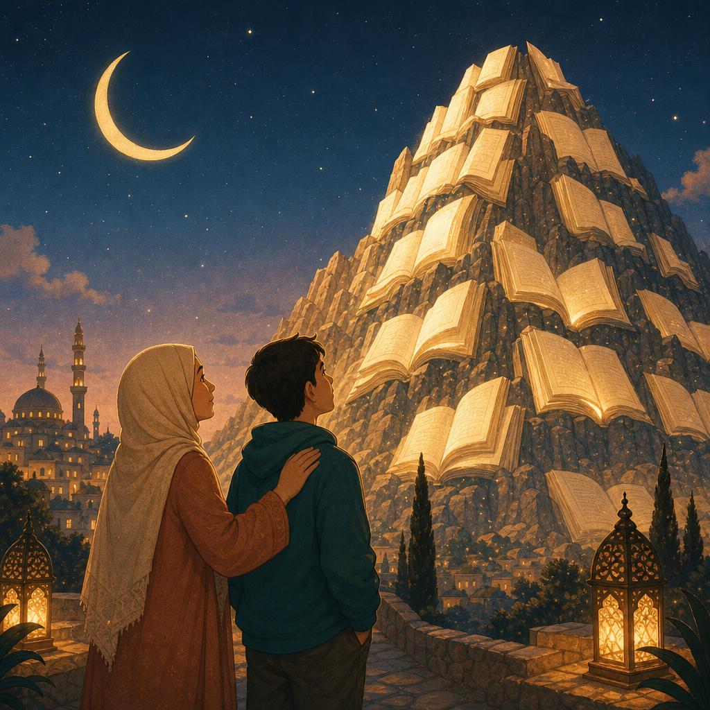 A tall mountain made of stacked pages under a golden glow, a calm mother standing at its base and a teenage boy at the bottom looking up at it