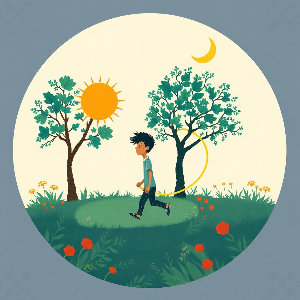 A garden with two trees, a teenage boy walking with his lips moving and a long golden ribbon of light trailing behind him, a sun on one side and a crescent moon on the other