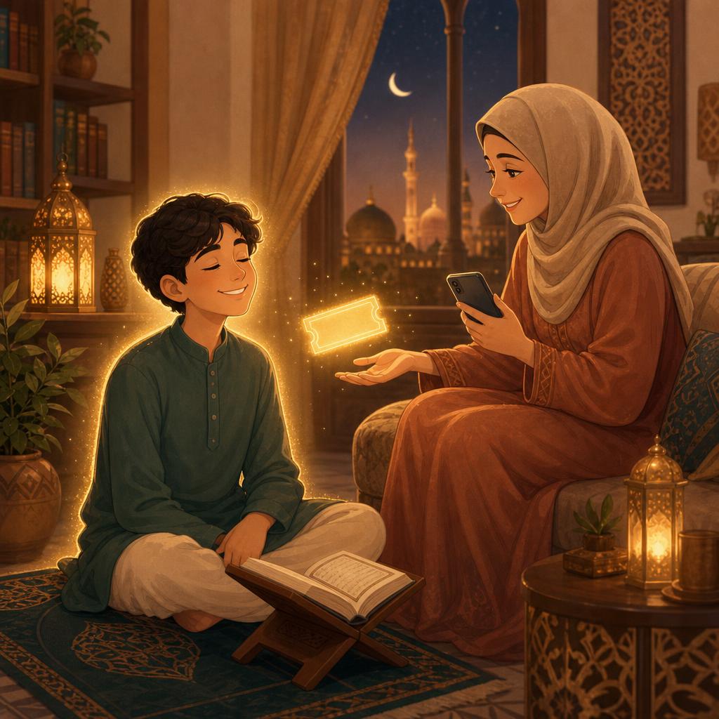 A warm room: a teenage boy finishing reciting with a gold glow around him, and his mother already holding a glowing phone, with a golden ticket appearing beside her