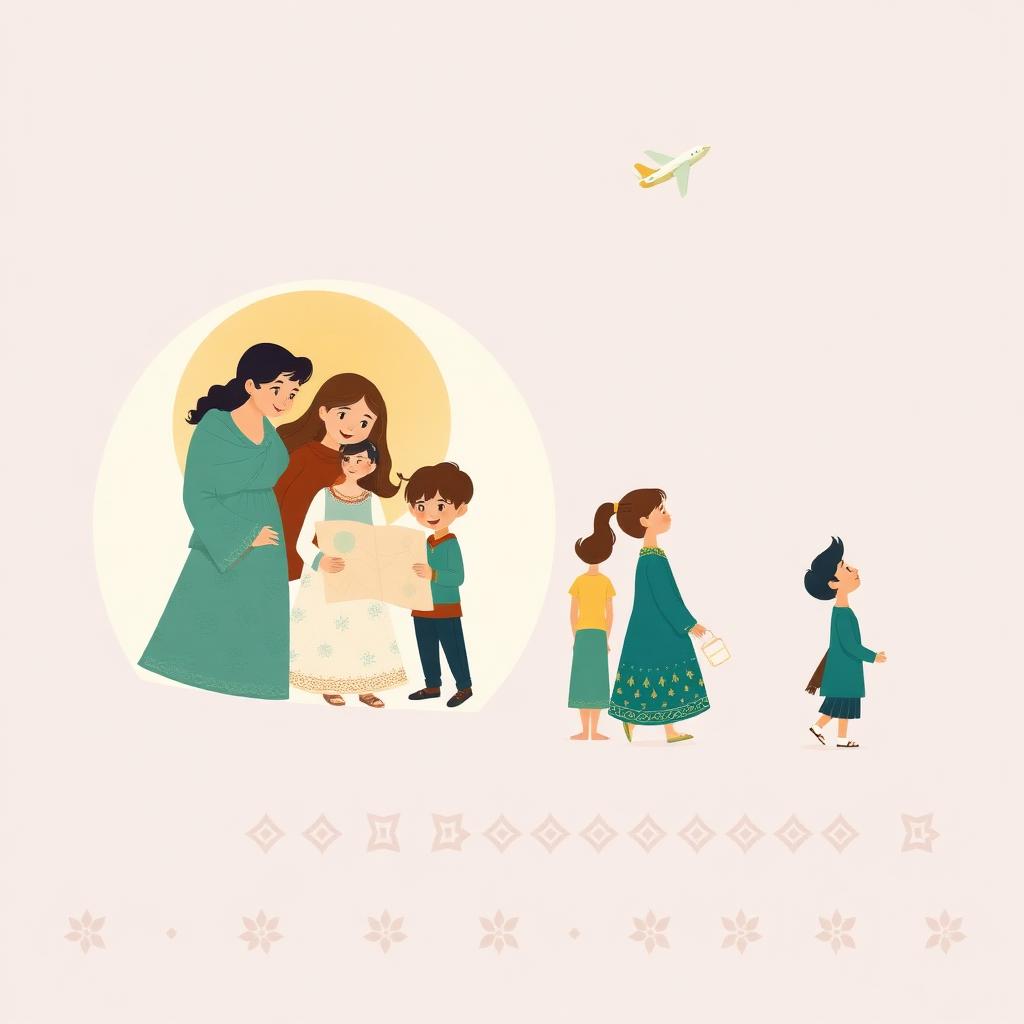 Four rising stages left to right, each in a gold halo: a whole family together, then a boy with a map, then two siblings side by side, then one boy alone with a gold star above him, and a small aeroplane in the sky