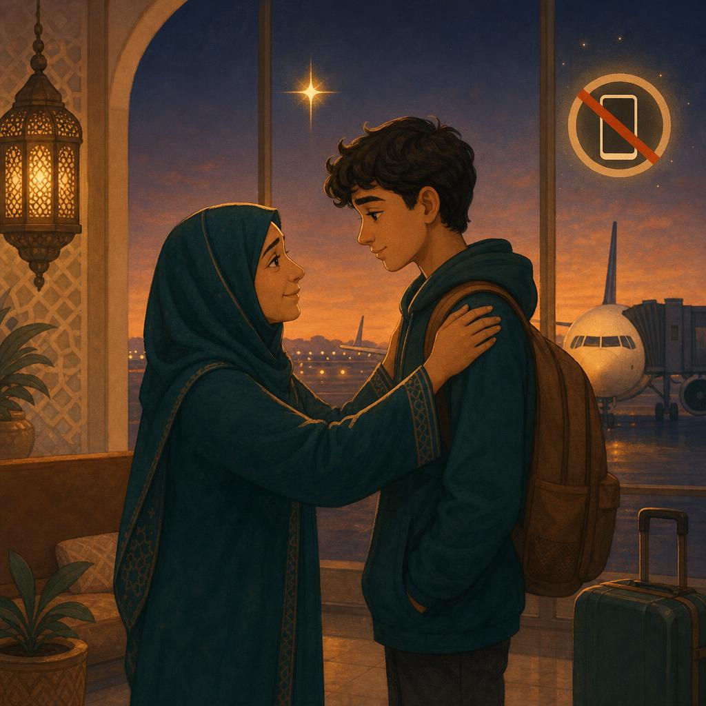 An airport gate: a big window with an aeroplane, a glowing golden gate archway, a mother holding her son by the shoulders, a phone with a line through it, and a gold star glowing above them