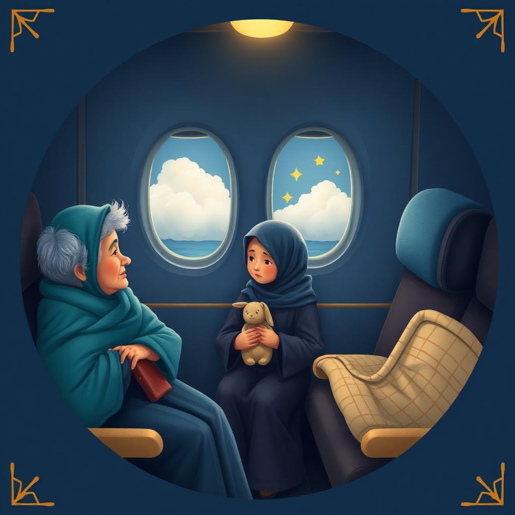 An airplane cabin at night: a grandmother, a mother in a teal hijab, and a baby on her lap reaching up to pat her cheek, an oval window with clouds, three small gold stars