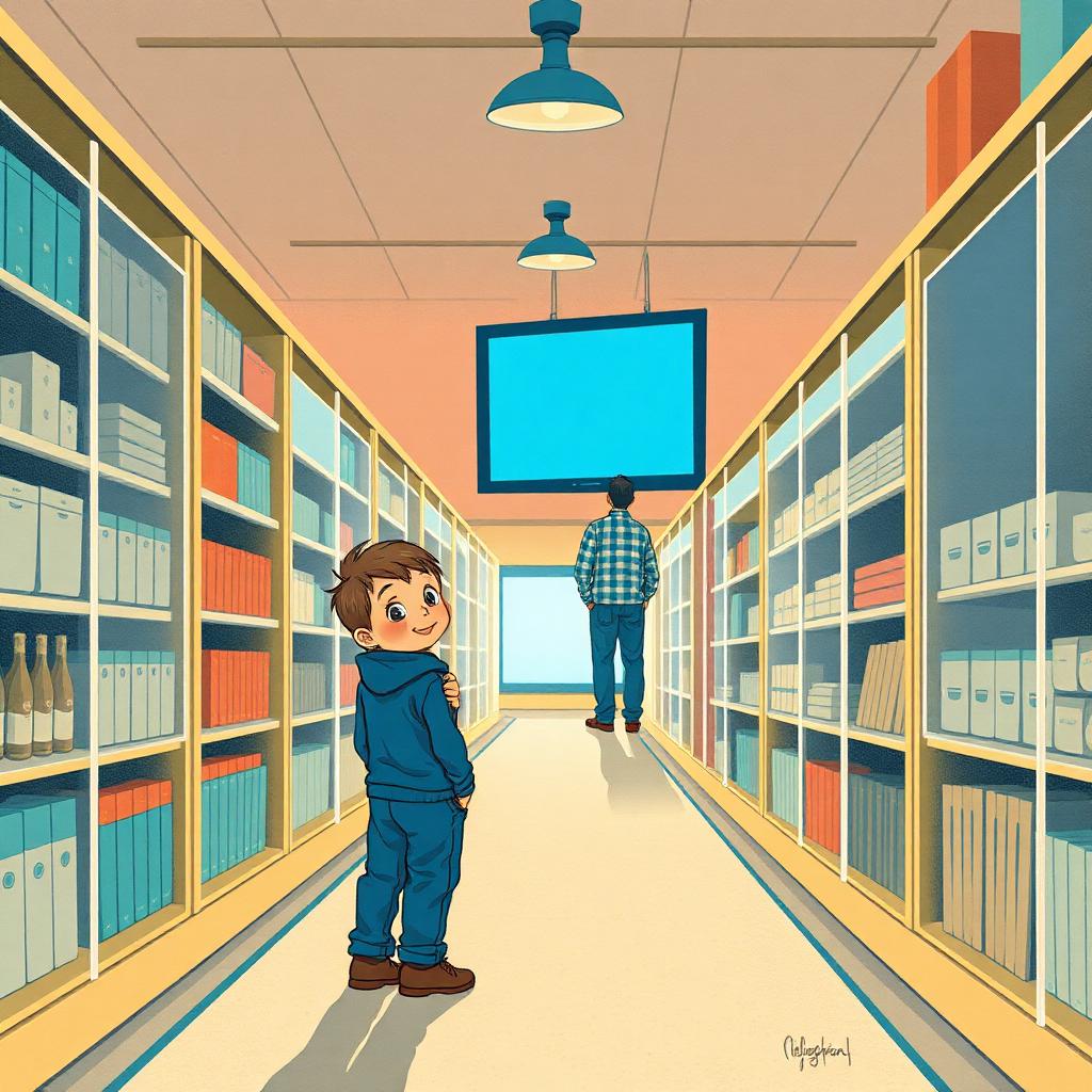 A shop aisle: a small boy standing frozen, wide-eyed in the blue glare of a big bright screen at the end of the aisle, his father far down the aisle looking back