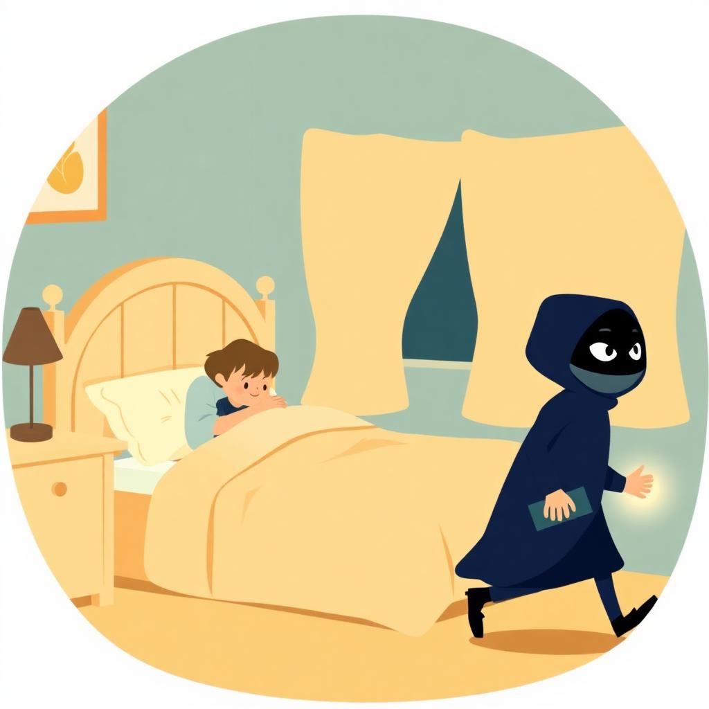 A bedroom at night: a father sitting on the end of a bed talking gently to a small boy, and a playful shadowy cartoon thief tiptoeing away carrying a glowing pair of eyes