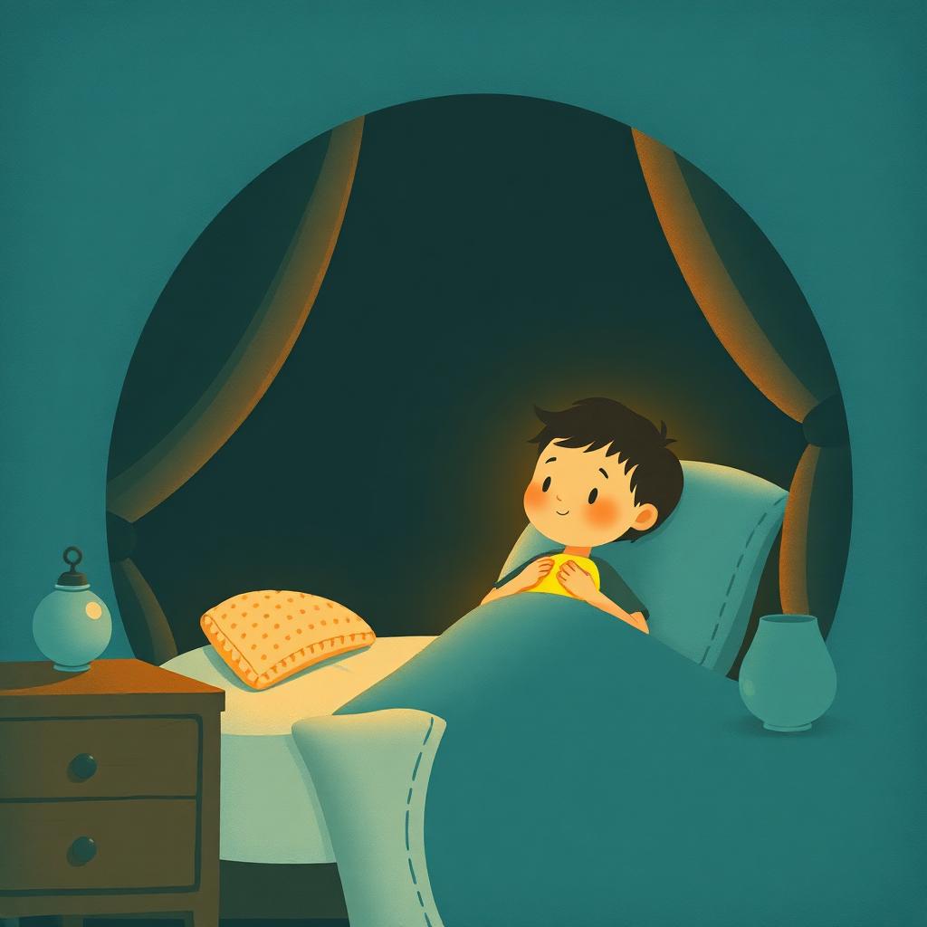 A dark bedroom with a small boy sitting up in bed, a warm gold glow rising in his chest, and a soft halo of light around him
