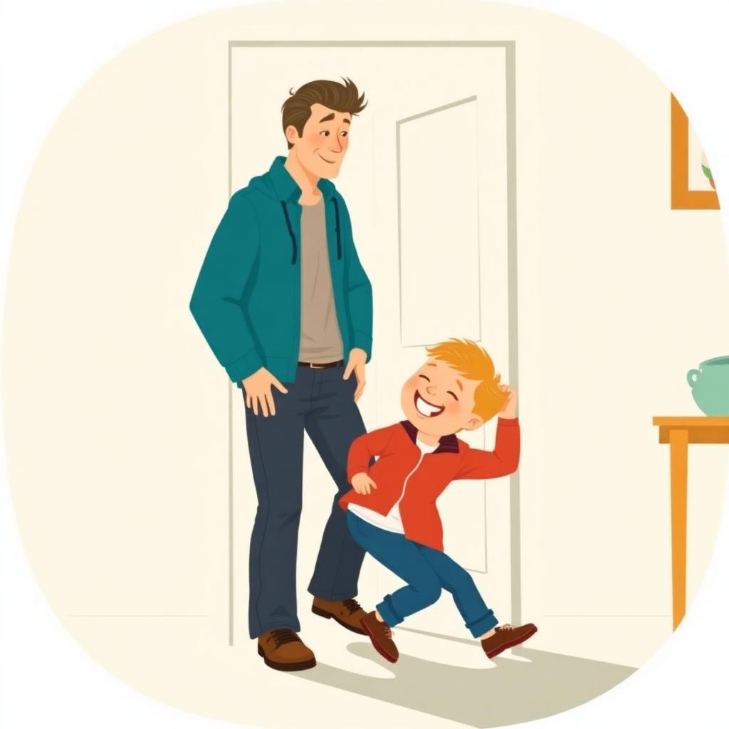 A father with his eyes shut comically walking into a doorframe while a small boy falls over laughing — bright, warm, funny