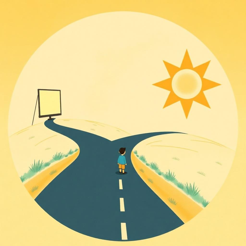 A road forking into two paths under a gold sky: one leading toward a glowing screen, the other turning calmly toward a gold star, a small boy standing at the fork