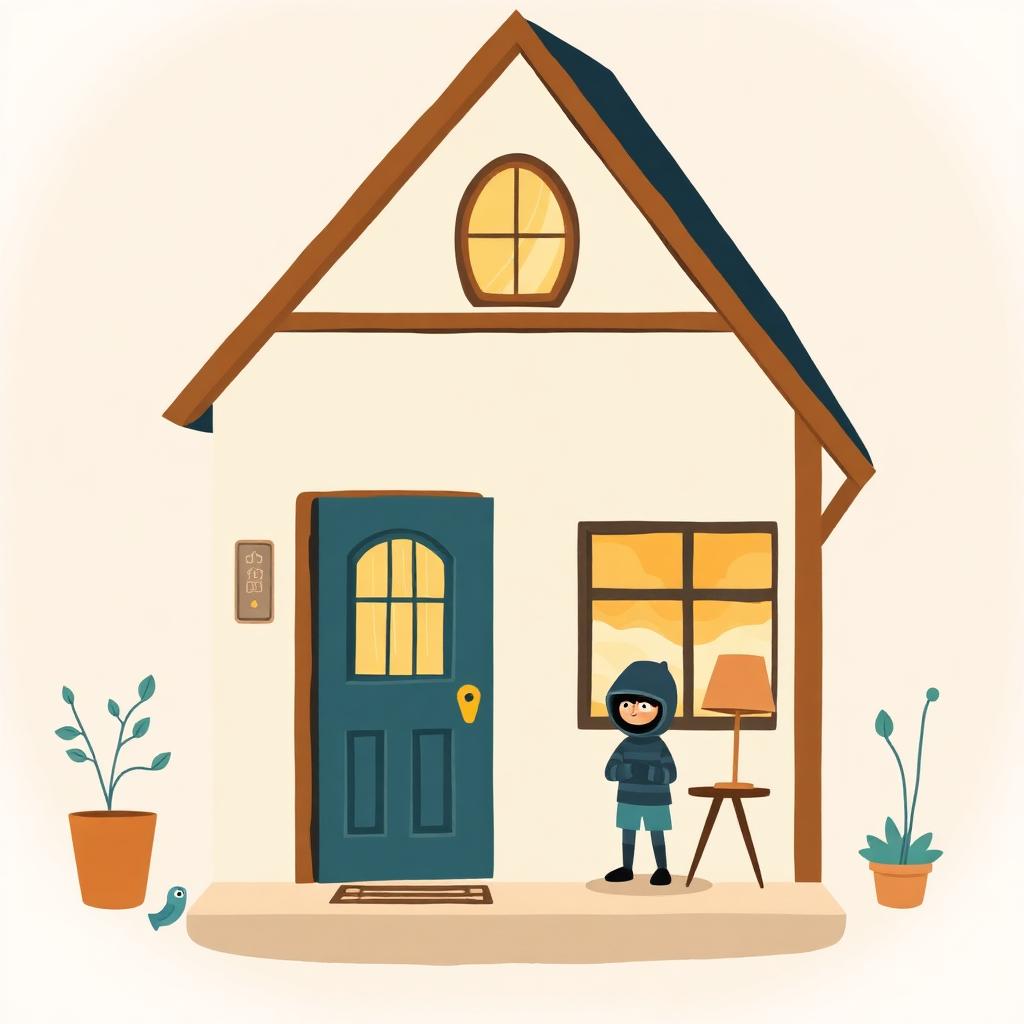 A cross-section of a cosy house with a strong locked front door, and outside it a small cartoon burglar shrugging and giving up — the inside warm and safe