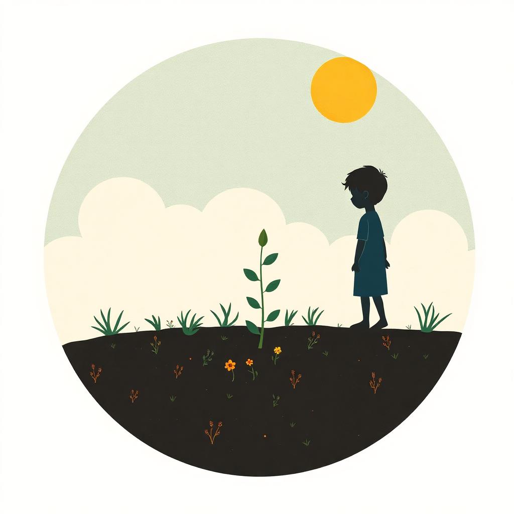 A small plant in dark soil with weeds being cleared away, shooting up toward a golden sun, with a boy's silhouette watching it grow