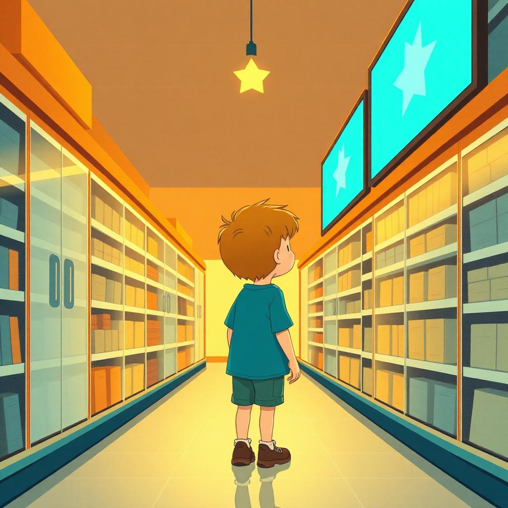 A shop aisle at the moment of the turn: a small boy calmly turning his head away from a bright screen, completely alone, with one gold eight-pointed star shining above him
