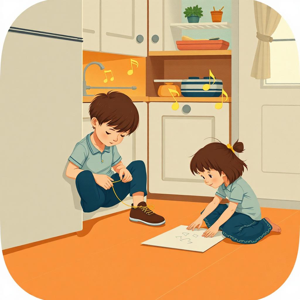 A warm kitchen floor: a boy of nine sitting against a cupboard tying a shoelace with soft gold music-shapes drifting from him, and his little sister looking up from her drawing