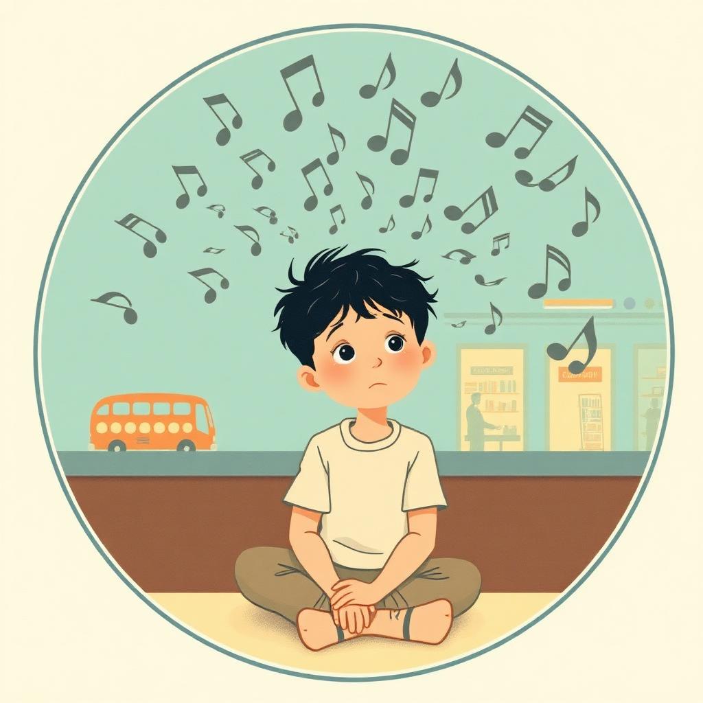 The same boy sitting very still with a puzzled look, and a swirl of grey music-shapes drifting in through a window and around his head from many directions
