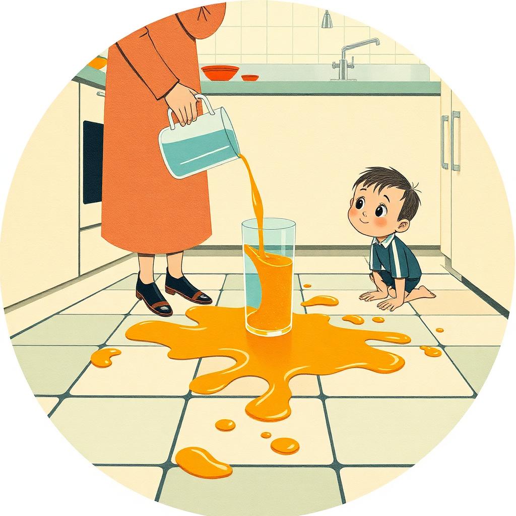 A kitchen floor with a clear glass full of water to the brim, a mother pouring juice into it, and the juice spilling everywhere across the floor; the boy watching wide-eyed